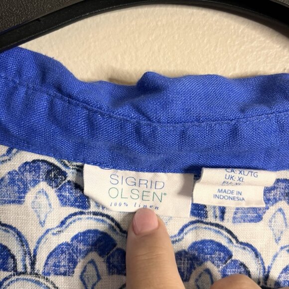 Sigrid Olsen Size XL Linen Blue Collared Scalloped Tunic Blouse Top - Picture 5 of 6